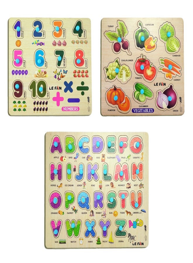 Lefan® Kids Fort Pre Nursery Educational Jigsaw Puzzles for Adults Kids Learning Toys Kit Board Game 3 pcs Set of Numbers Alphabets & Vegetables Educational Toy - Image 1